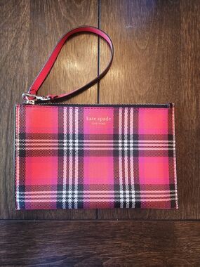 Kate Spade New York Spencer Foliage Plaid wristlet clutch in pink multi 7.5x5